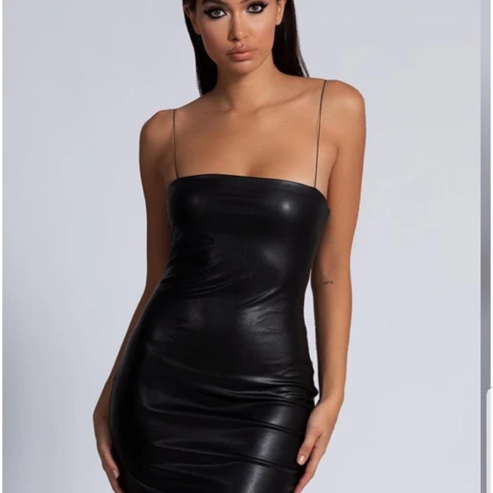 Meshki Black Faux Leather Mini Slip Dress NWOT